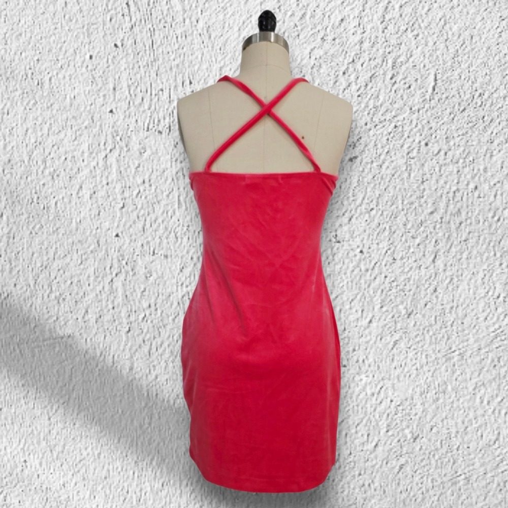 Juicy Couture Velour Mini Dress Strappy Coral Pink Velvet Bodycon Large - Picture 6 of 9